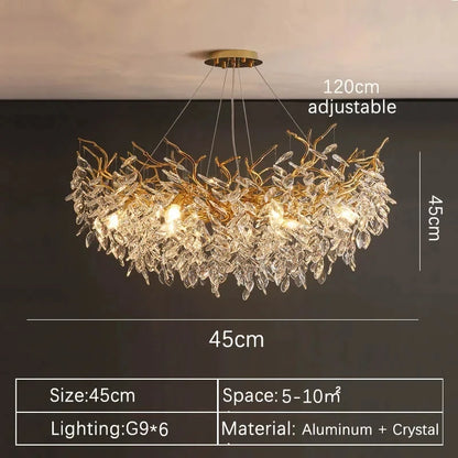 Gold framed crystal chandelier at 160 centimetres with warm light