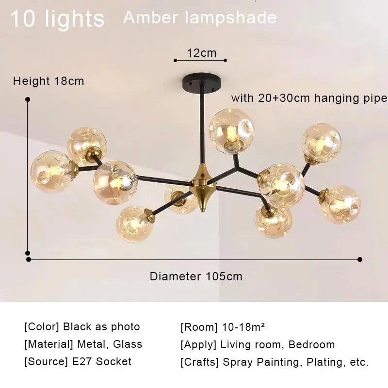 Glass ball chandelier shown lit in warm white E27 LED light