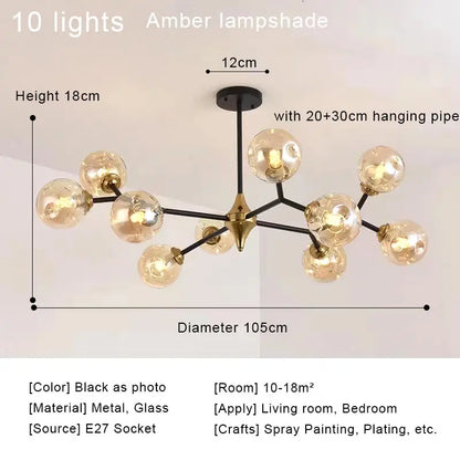 Glass ball chandelier shown lit in warm white E27 LED light