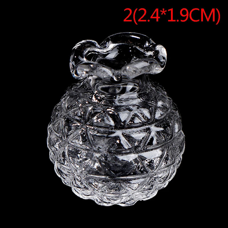 Miniature glass vases in 1:12 scale shown alongside dollhouse furniture