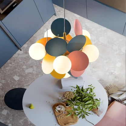 Eight head colourful chandelier with downward facing glass shades