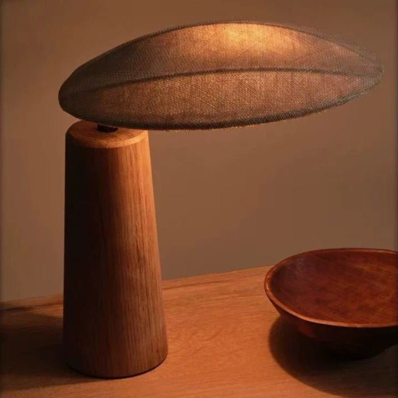 Close-up of natural wood grain texture on wabi-sabi table lamp base