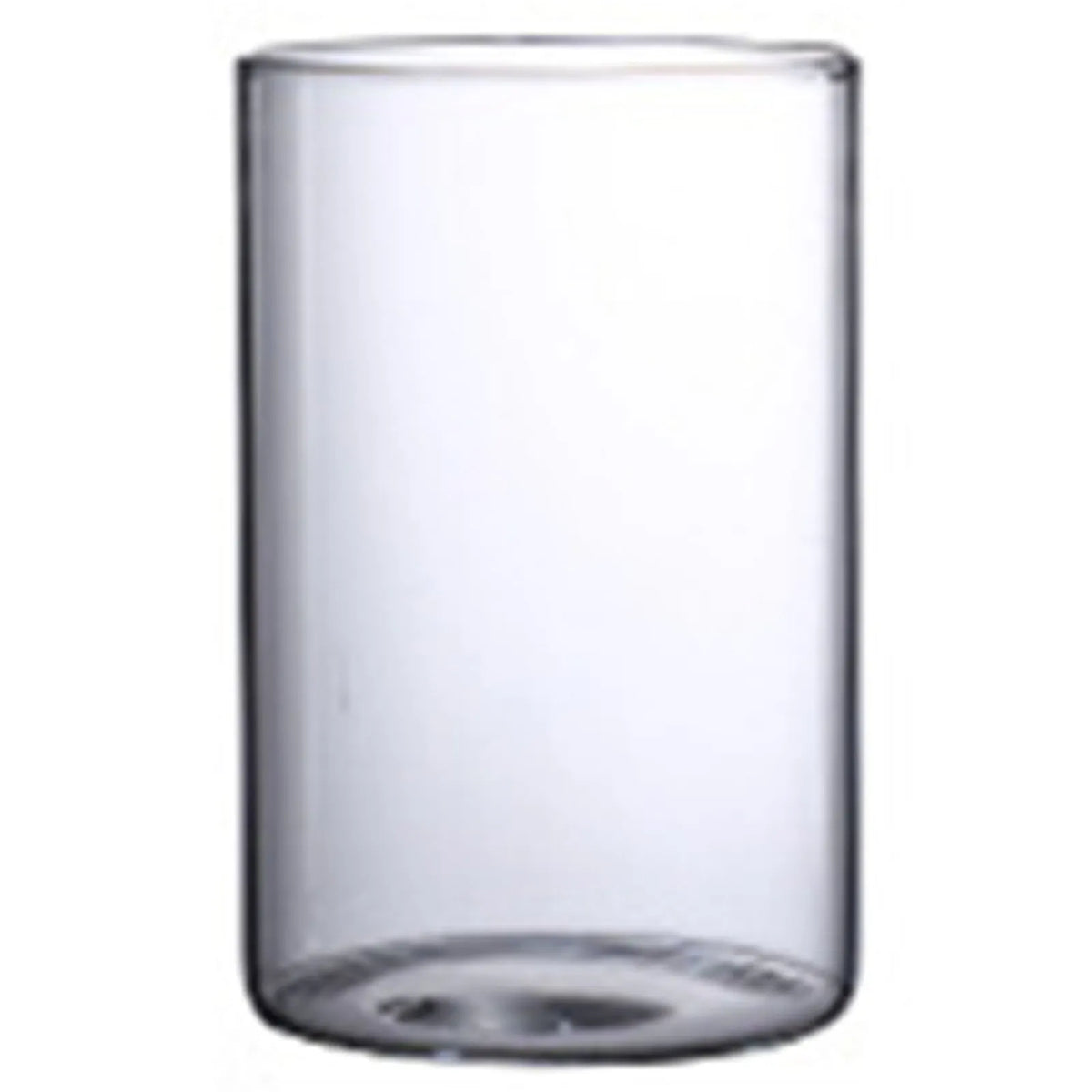Clear glass cylinder flower vases styled across tiered shelf display in Scandi living room