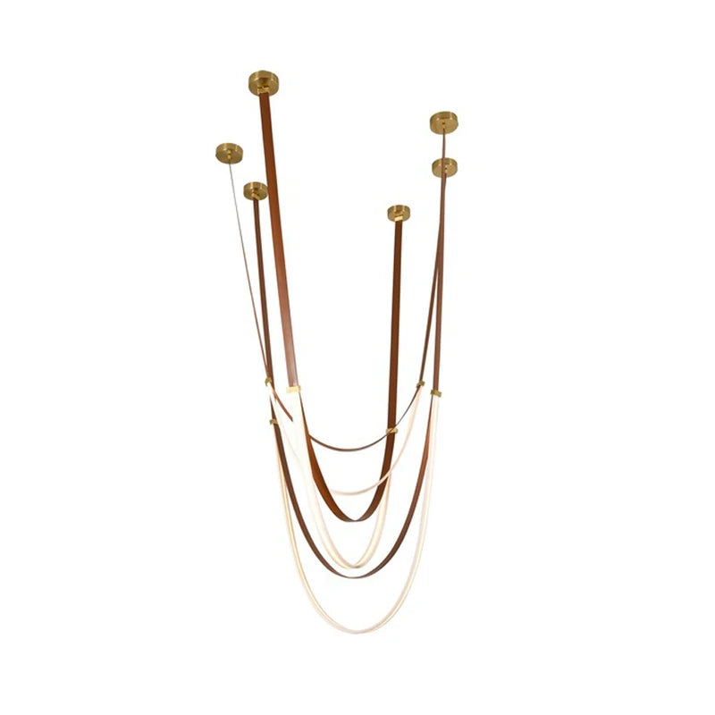 Brown leather belt chandelier with a glowing white acrylic diffuser bar
