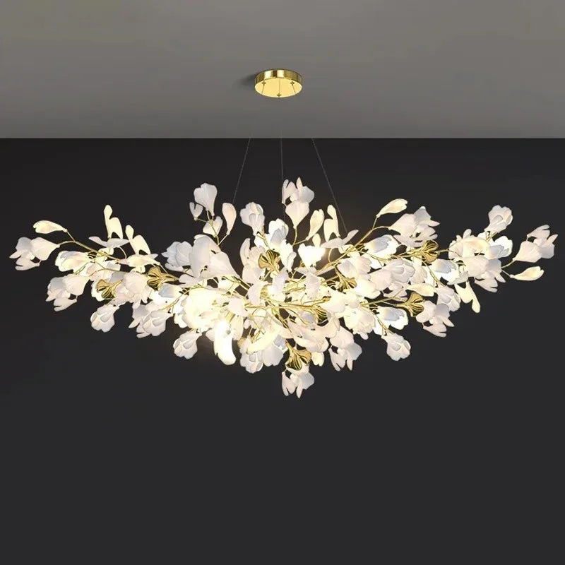 Linear ginkgo leaf chandelier measuring 39.4 in (100 cm) in length