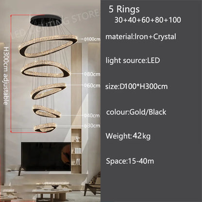 Crystal ring chandelier with LED bulbs included, 90 to 265V