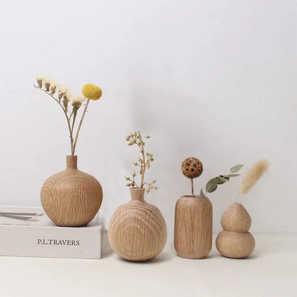 Japanese wooden flower desk vase style A on a Japandi-styled desk with dried branch