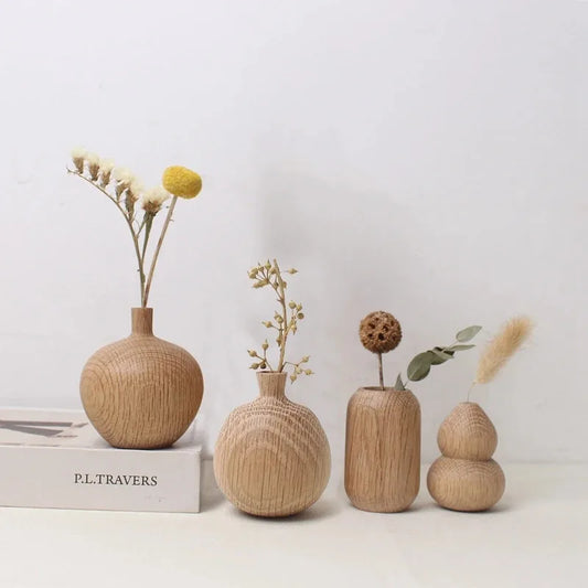 Japanese wooden flower desk vase style A on a Japandi-styled desk with dried branch