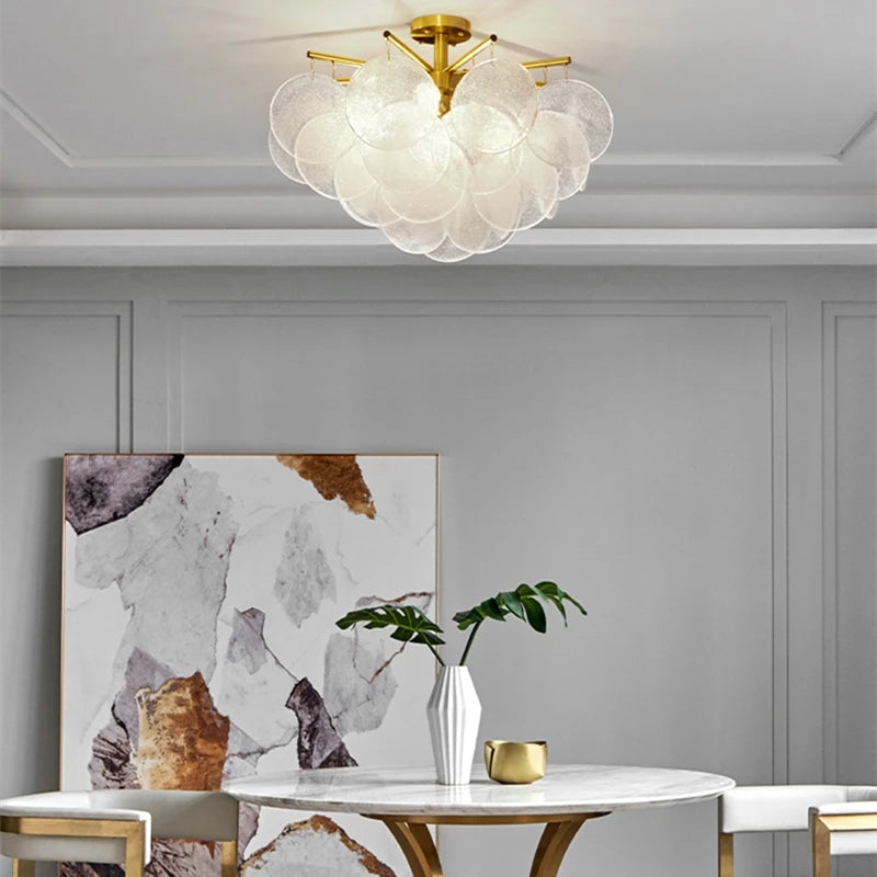Bubble glass chandelier at 31.5 in across on electroplated ironware