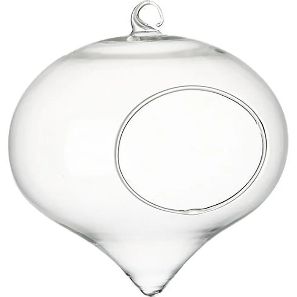 Four sizes of clear glass ball hanging planters grouped together on display