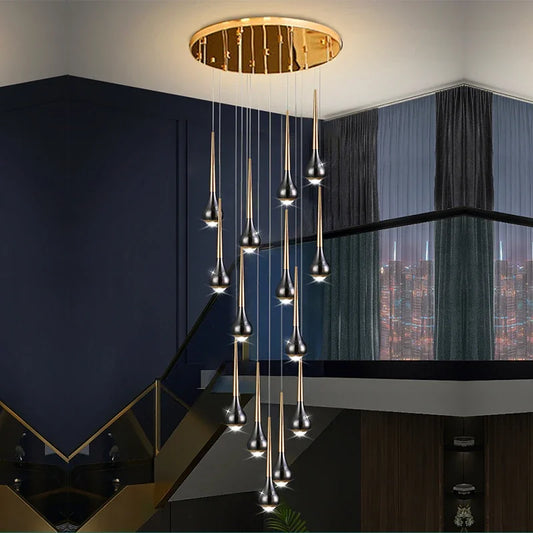 Polished steel staircase chandelier with slim plated rods at graduated lengths