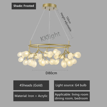 Dimmable firefly chandelier with G4 bulbs on a plated iron frame