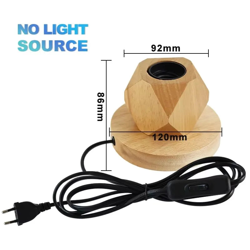 Retro wood table lamp EU plug detail close-up on marble surface