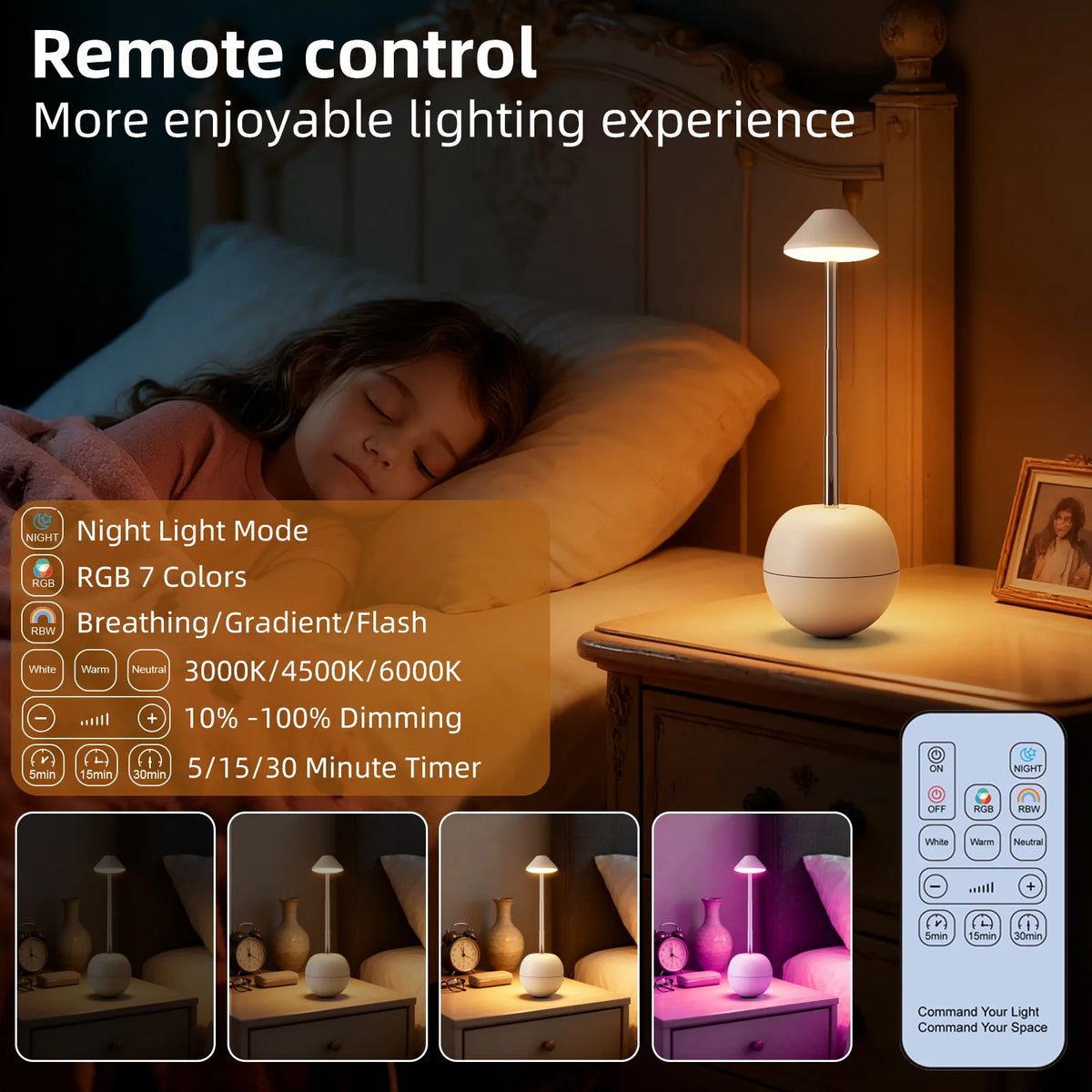 Pink rechargeable decorative table lamp glowing on bedside table