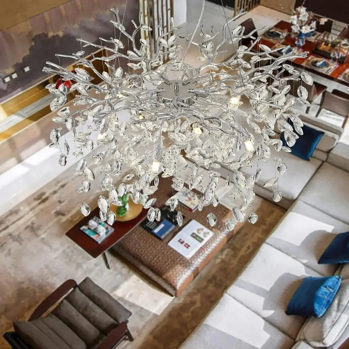 Gold crystal branch chandelier at 47.2 in across, light up and down
