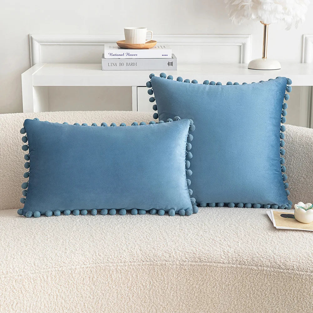 Velvet Pom-Pom Throw Pillow Cover