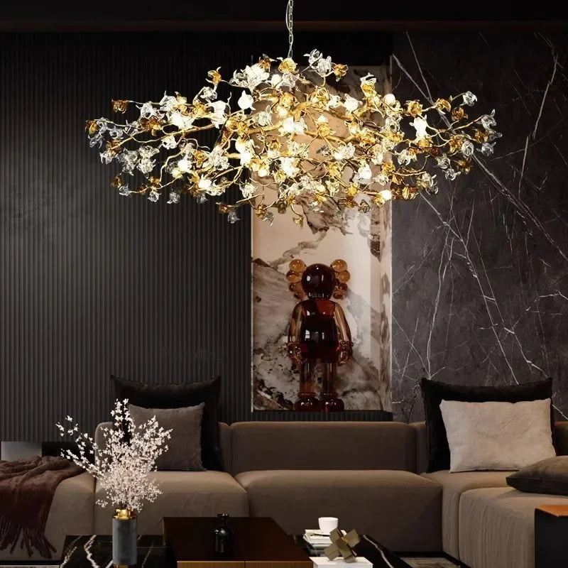 Crystal flower branch chandelier with blooms on branching metal arms