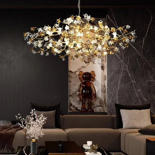Crystal flower branch chandelier with blooms on branching metal arms