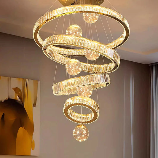 Crystal ring cascade chandelier with stacked rings and glass balls