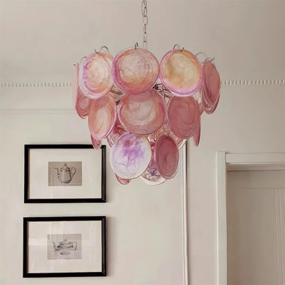 White stained glass chandelier with polished stainless steel arms