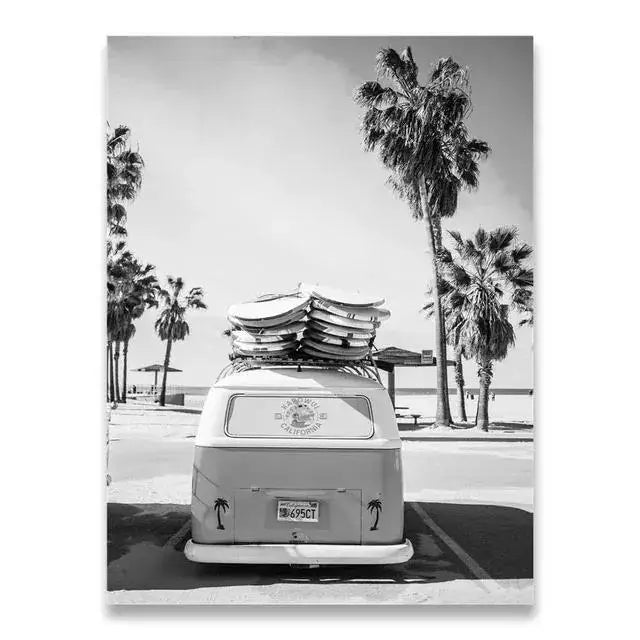 Beach Camper Van Surf Ocean Landscape Canvas Wall Art