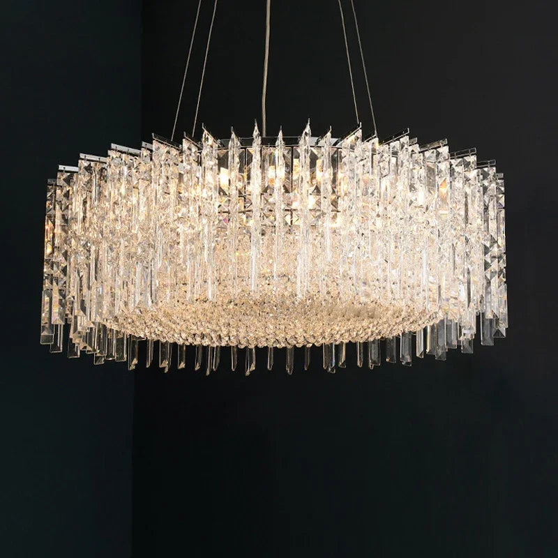 Chrome crystal flush chandelier with dense crystal in a shallow frame