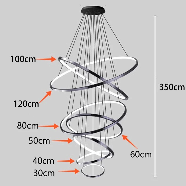 Seven ring metal chandelier in gold seen as layered halos of light