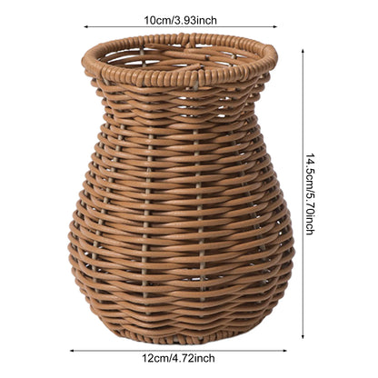 Overhead view of handwoven rattan flower vase with dried botanical arrangement inside