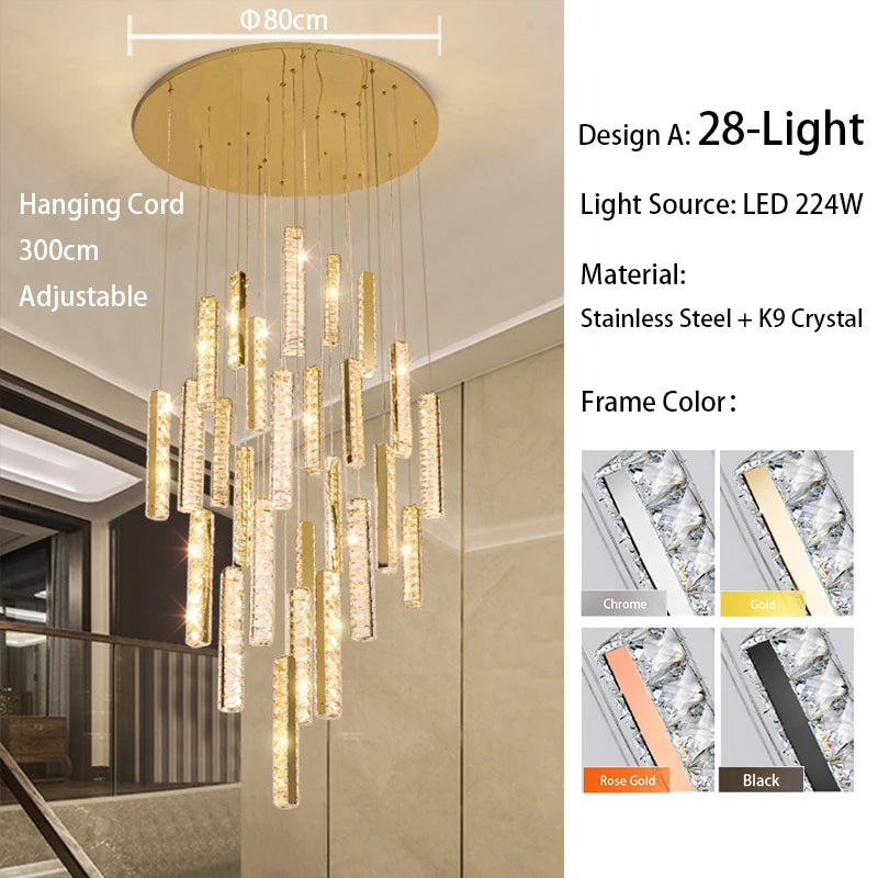 Three color dimming crystal chandelier in rose gold plated steel