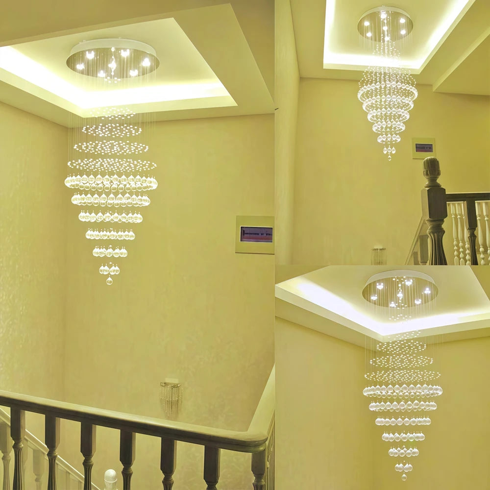 Staircase chandelier rod detail in metal with knob, remote, and touch switching