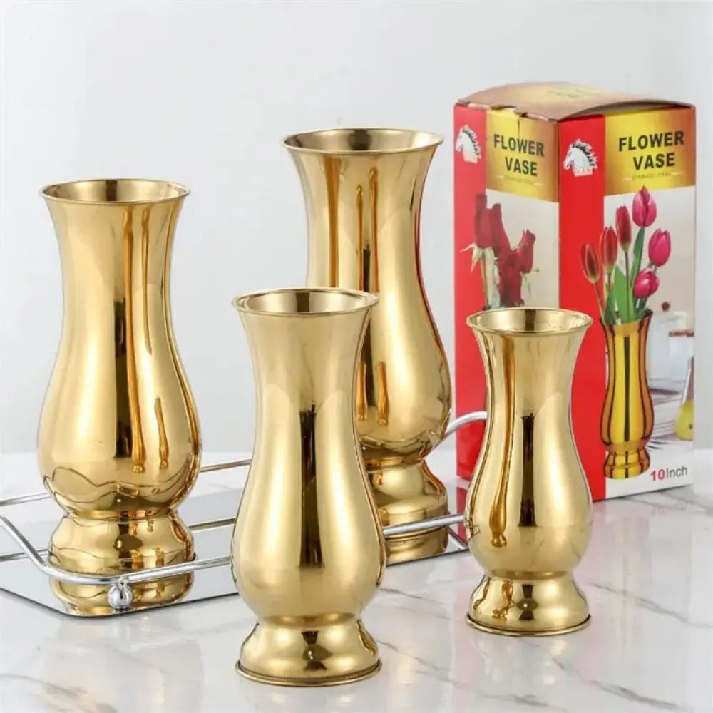 Gold stainless steel single stem flower vase with polished metallic finish upright