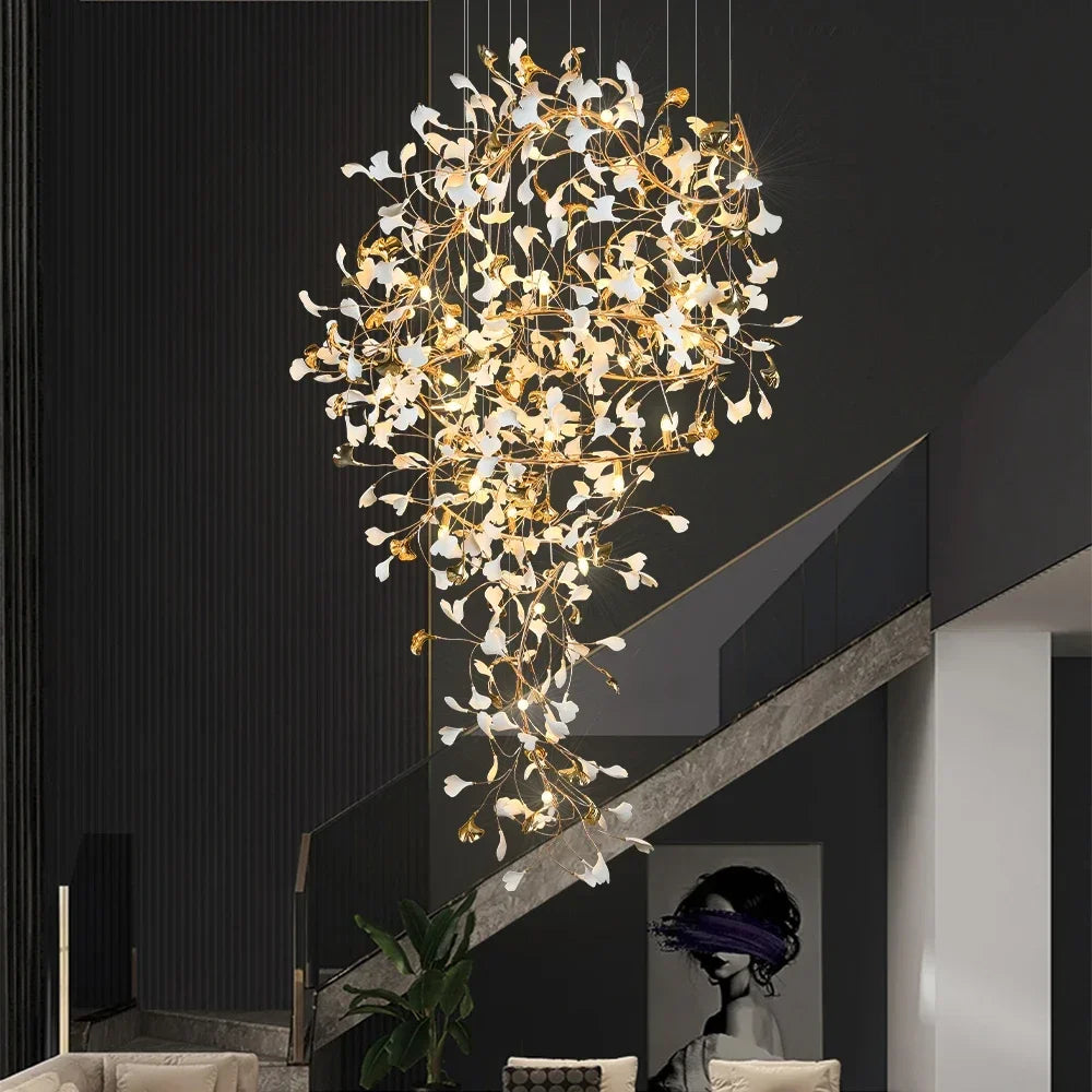 Acrylic ginkgo leaf chandelier in a linear layout with E14 LED bulbs included