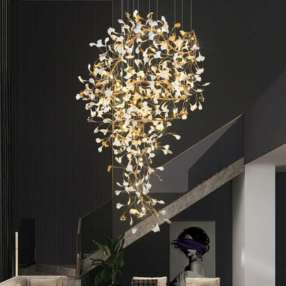 Acrylic ginkgo leaf chandelier in a linear layout with E14 LED bulbs included