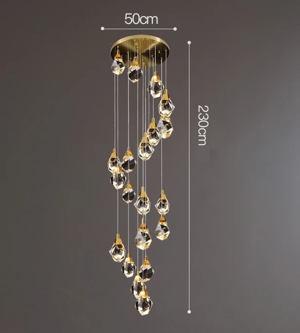 Cold white light across the crystal heads of a dining chandelier