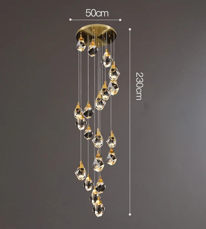 Cold white light across the crystal heads of a dining chandelier