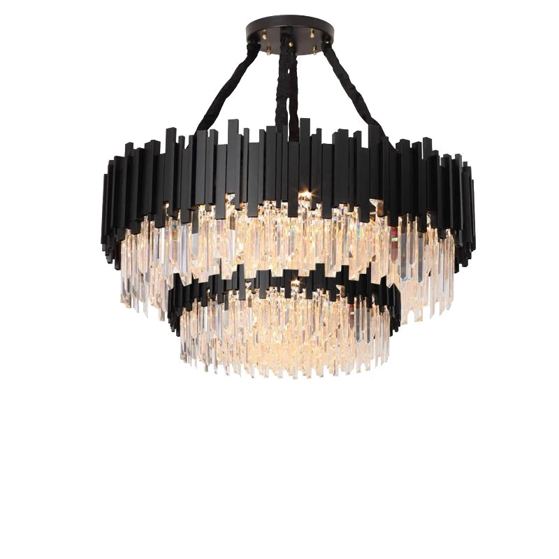 Two layer crystal chandelier with stacked crystal on polished steel