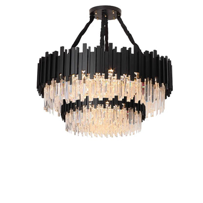 Two layer crystal chandelier with stacked crystal on polished steel