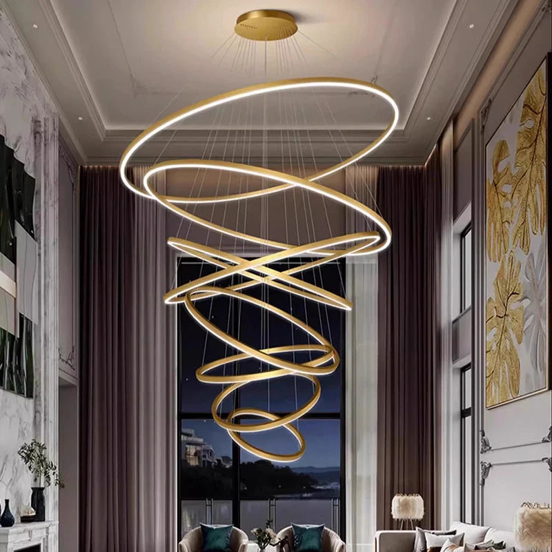 Tiered ring crystal chandelier with concentric acrylic rings on an iron frame