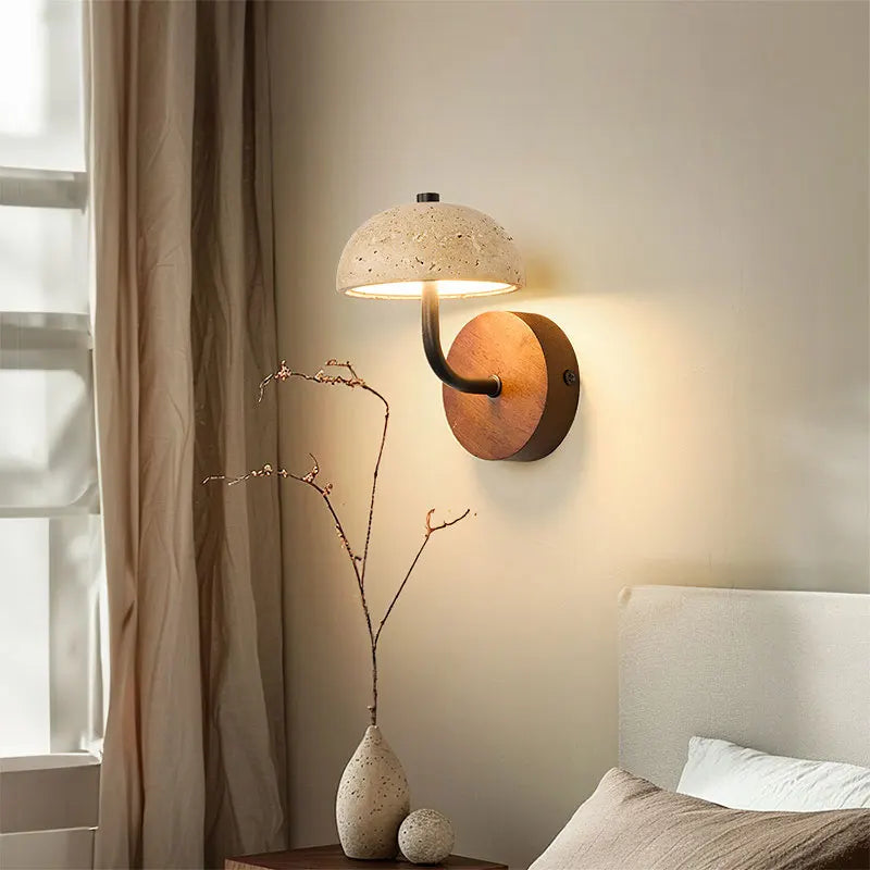 travertine stone outdoor wall sconce, side profile showing mounting depth