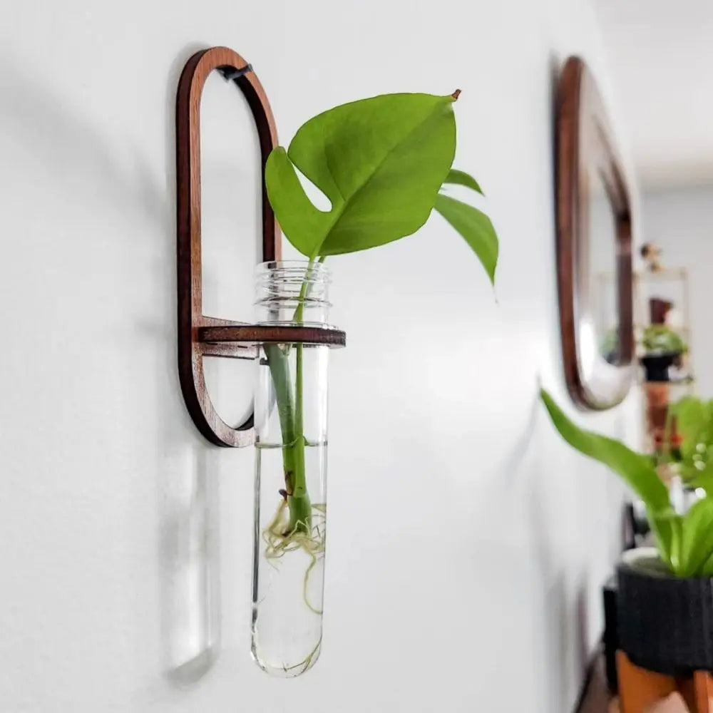 Wooden wall hanging plant rack with small pots on white wall