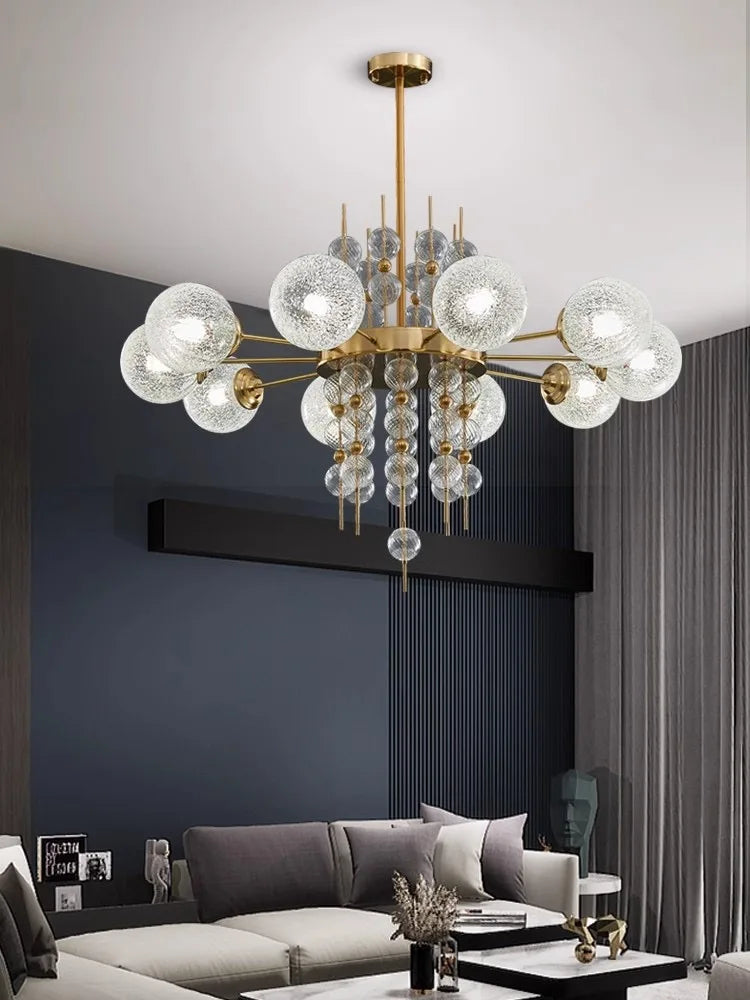 Matte glass bubble chandelier with polished steel frame in copper tone