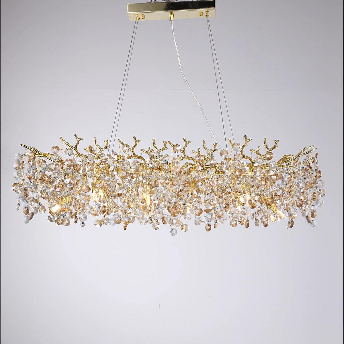 Round crystal chandelier in gold measuring 23.6 inches across, G9 LED sockets