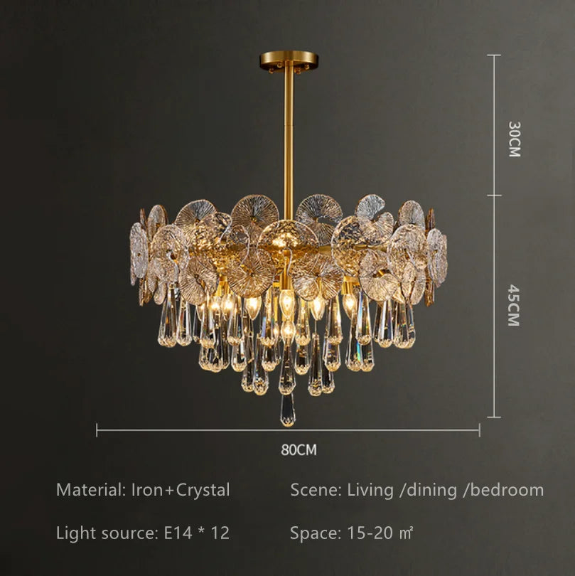 Lotus flower chandelier assembled from concentric rows of crystal petals
