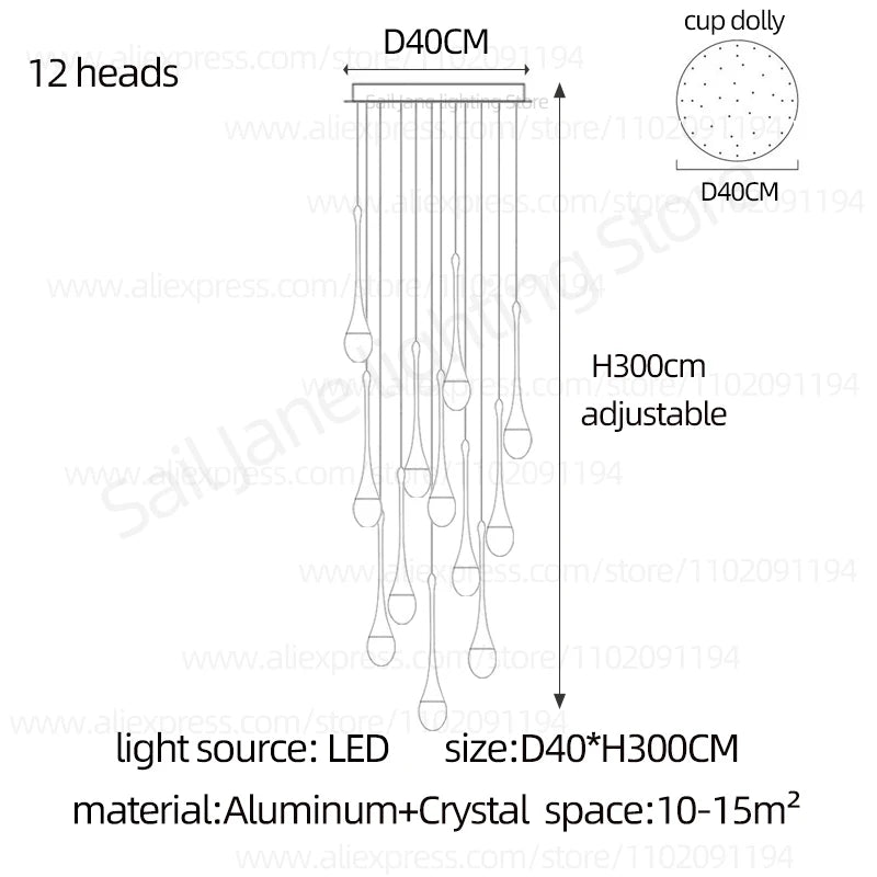 Twenty head crystal chandelier, 19.7 in across, 118.1 in drop