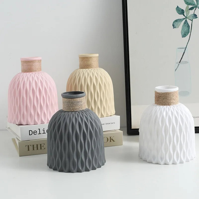 Beige pineapple pattern plastic vase with twine rope wrap on rustic shelf