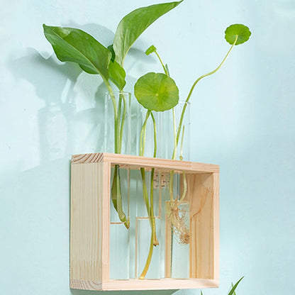 Style B wooden hydroponic test tube vase with multiple herb cuttings