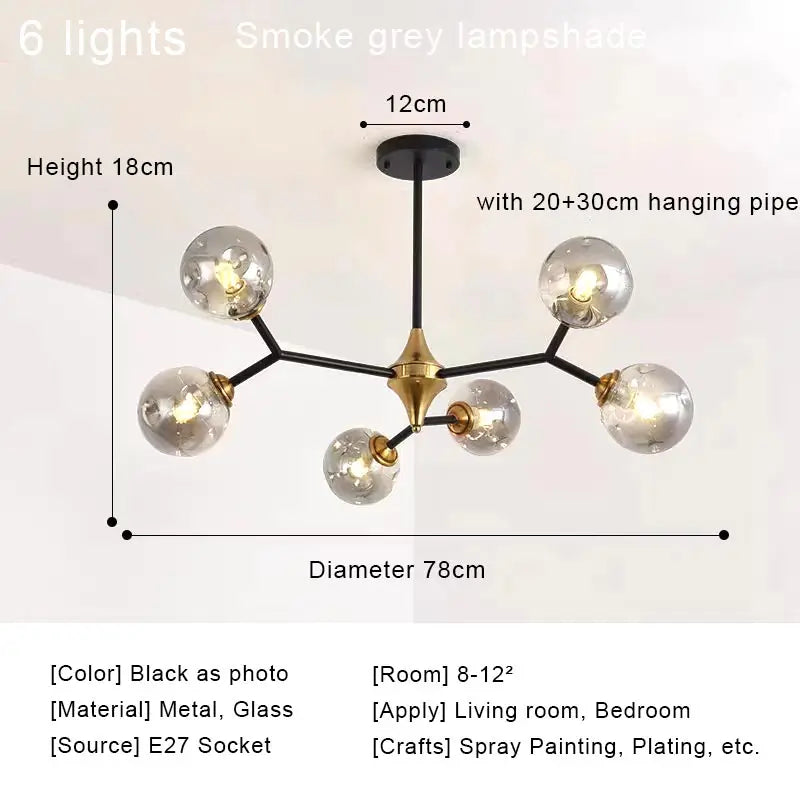 Fifteen light amber glass ball chandelier with iron arms