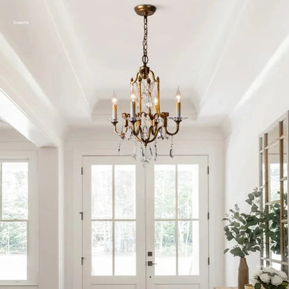 Gold crystal chandelier at 28.3 in diameter with six candle lights