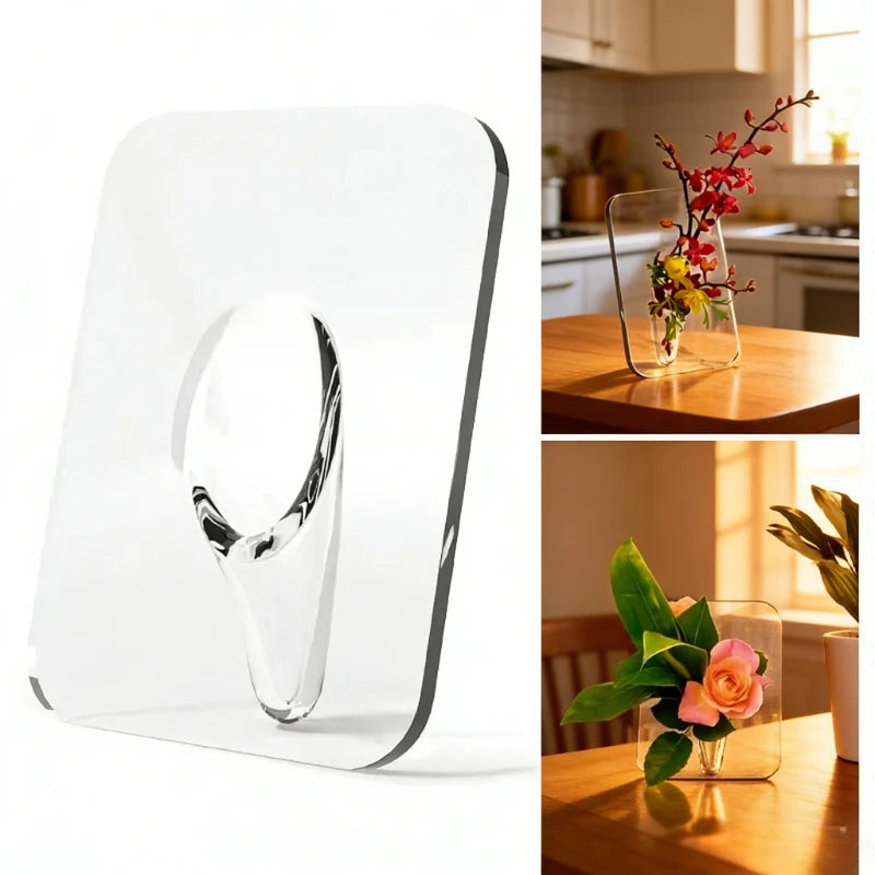 Style A acrylic photo frame vase with flower stem and photo on desk