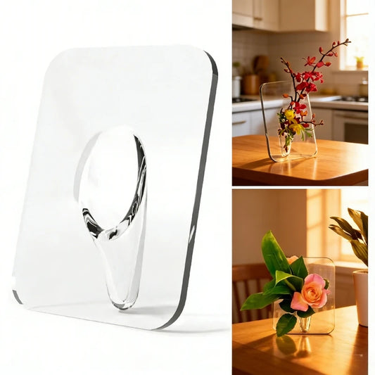 Style A acrylic photo frame vase with flower stem and photo on desk